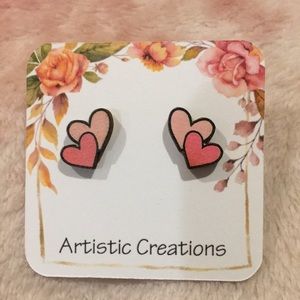 Valentines Day Double Heart Wooden Stud Pierced Fashion Earrings NWT Handcrafted